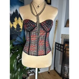Red Plaid mesh corset top XS Vintage Style Goth Punk Festival Zipper Closure